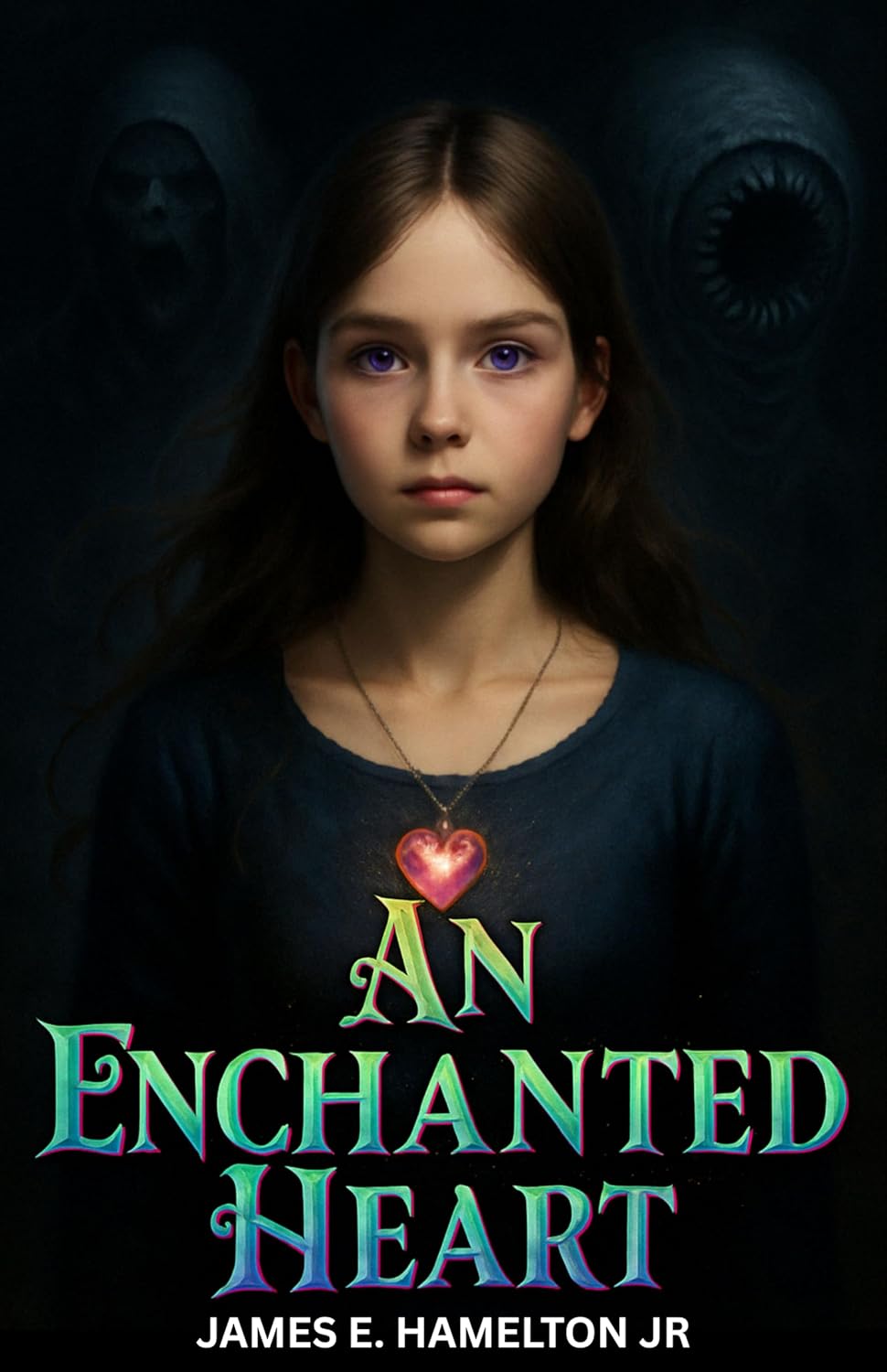 An Enchanted Heart cover, showing a girl with violet eyes and a glowing heart pendant, with shadowy figures behind her
